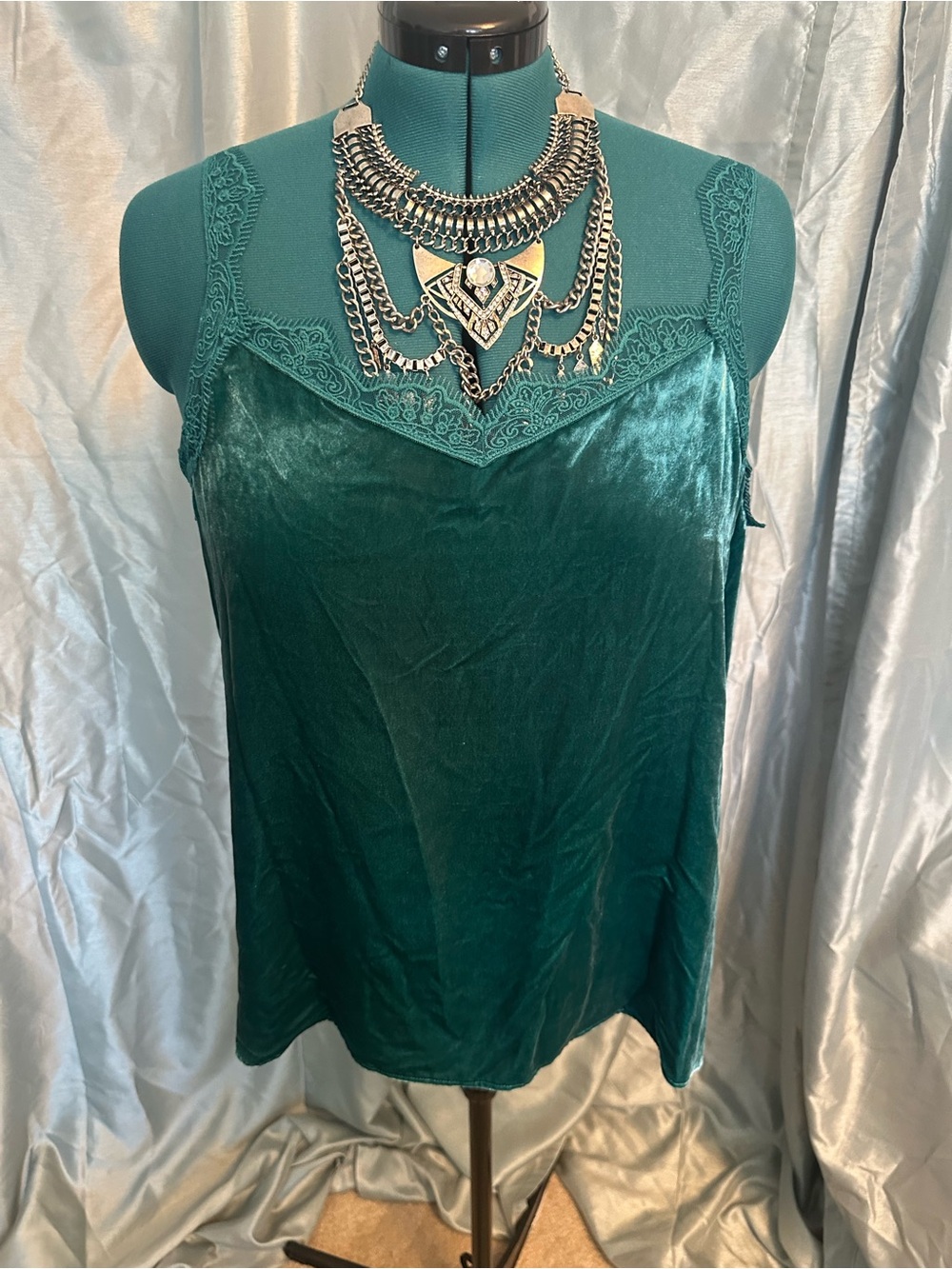 Women's Teal Velvet Lace Trim Tank Top